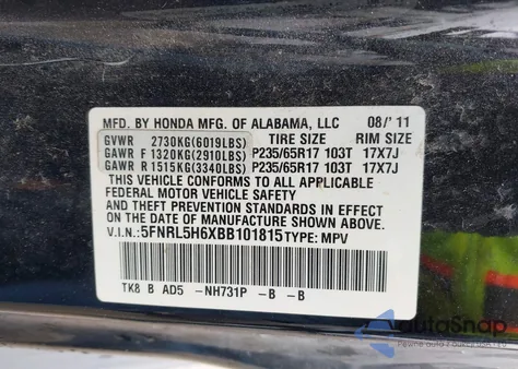 2011 Honda Odyssey Ex-L from USA, damaged, VIN 5FNRL5H6XBB101815